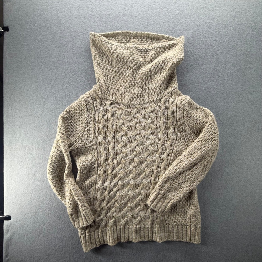 Cabelas Womens Large Beige Cable Knit Cowl Neck Sweater‎ Made in USA Acrylic